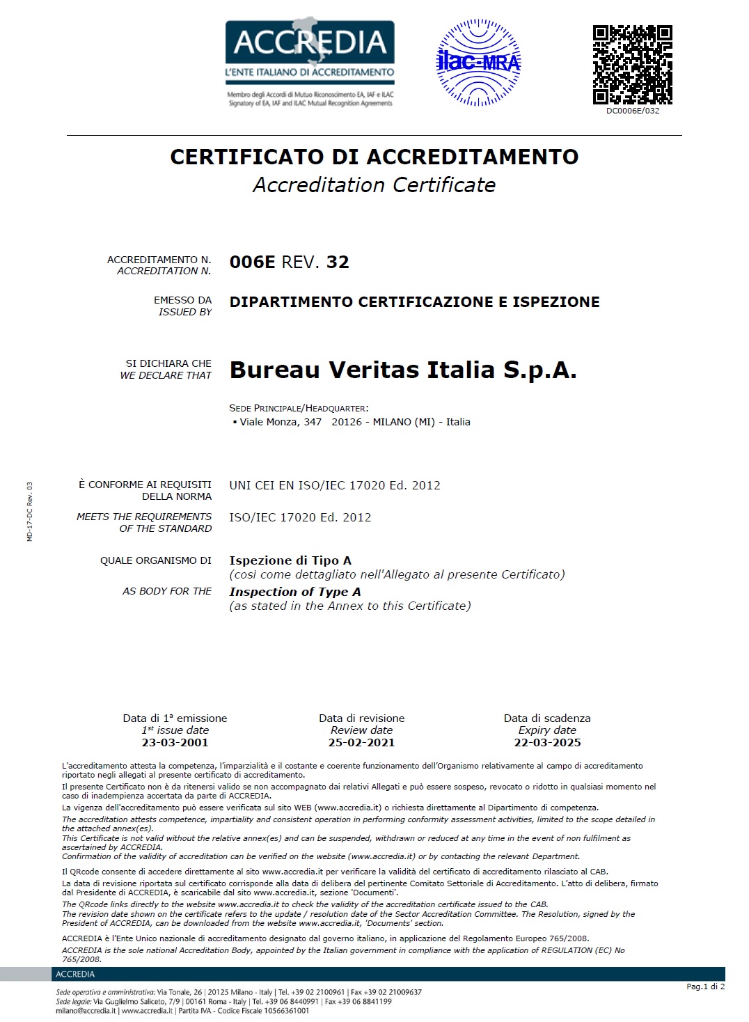 accreditamento 17020 bureau veritas